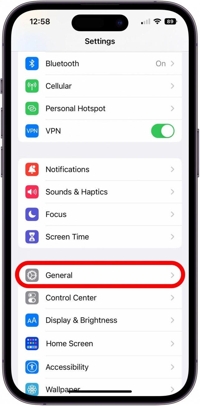 Settings app main screen with General option marked.