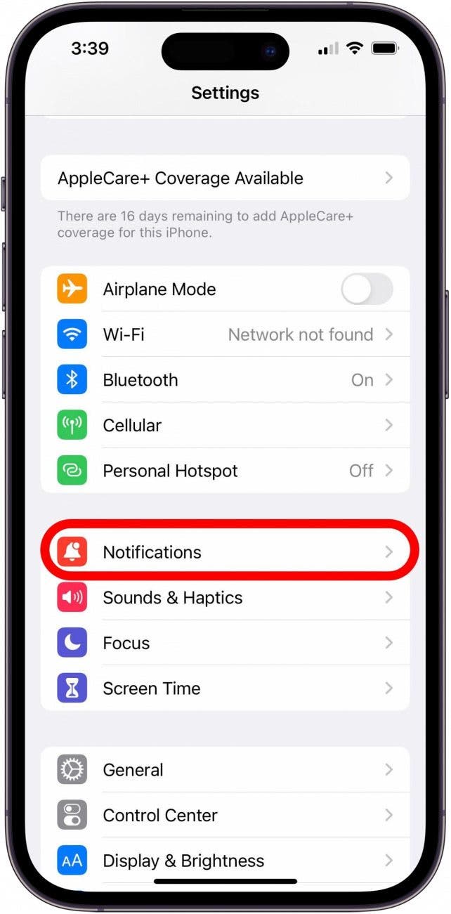 Settings screen with Notifications option marked.