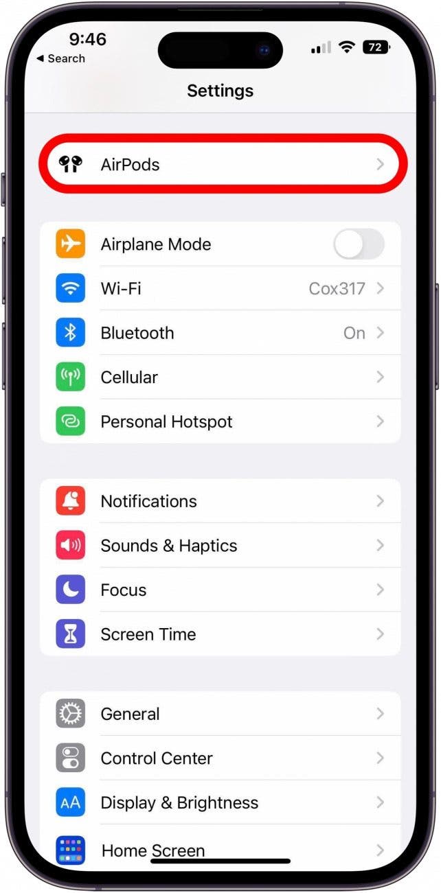 Settings app main screen with AirPods option marked.