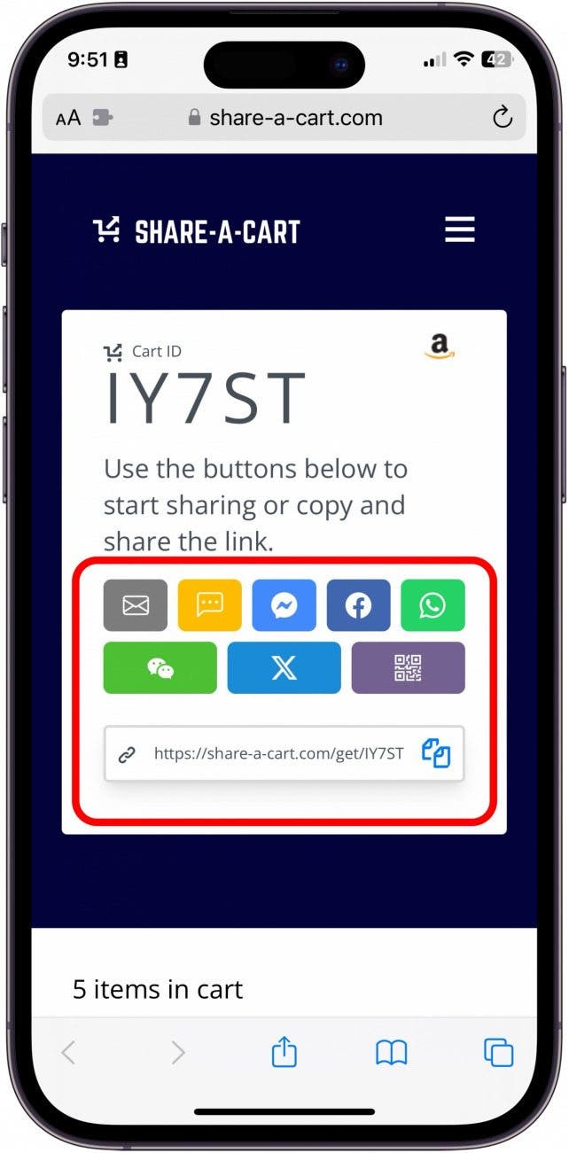 how to share your amazon cart on iphone