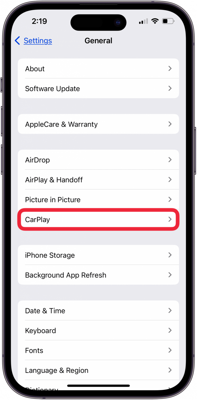 tap carplay in general settings