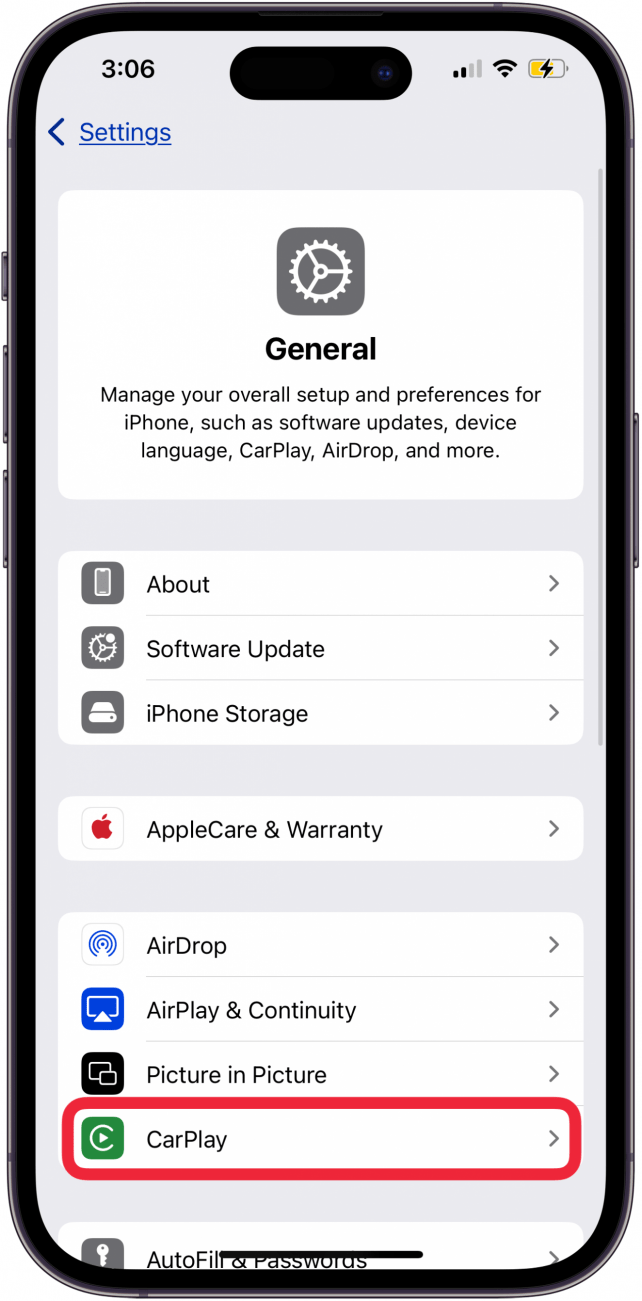 tap carplay in iphone settings