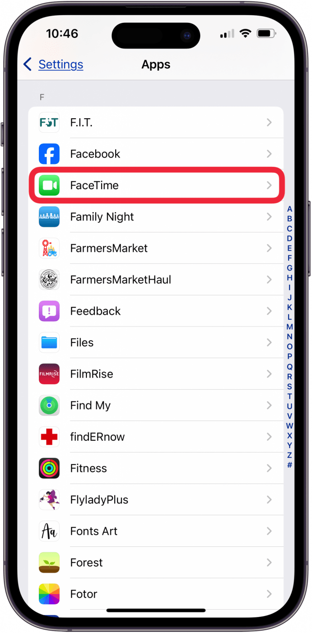 tap facetime in apps settings