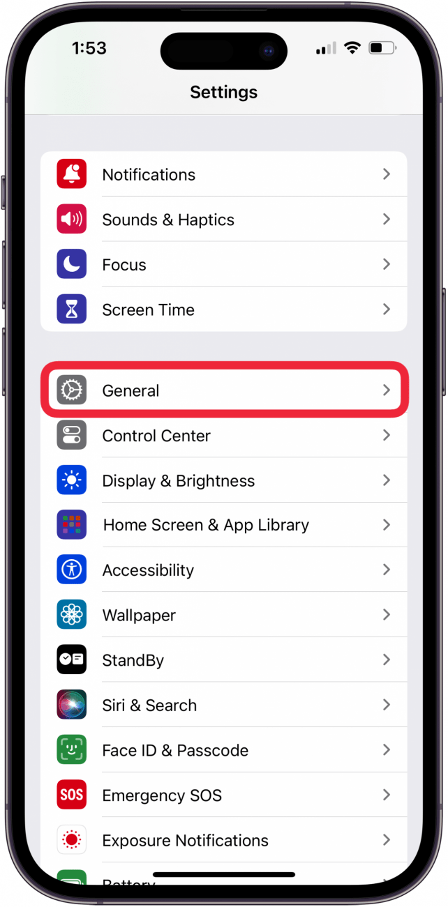 tap general in settings