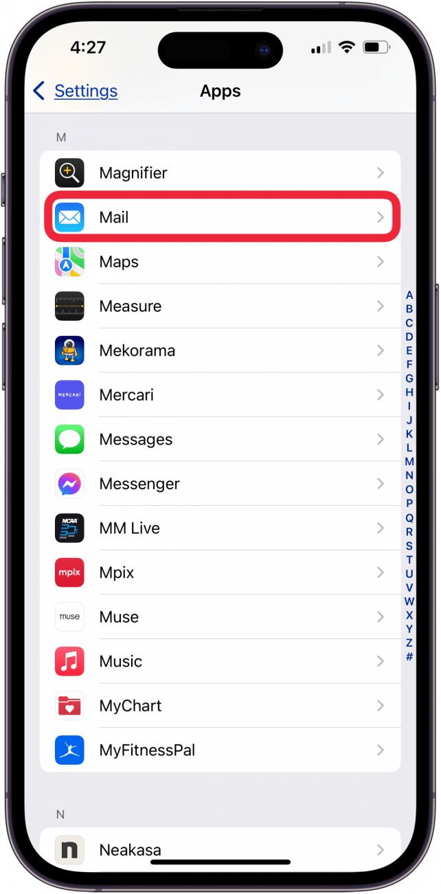 tap mail in apps settings