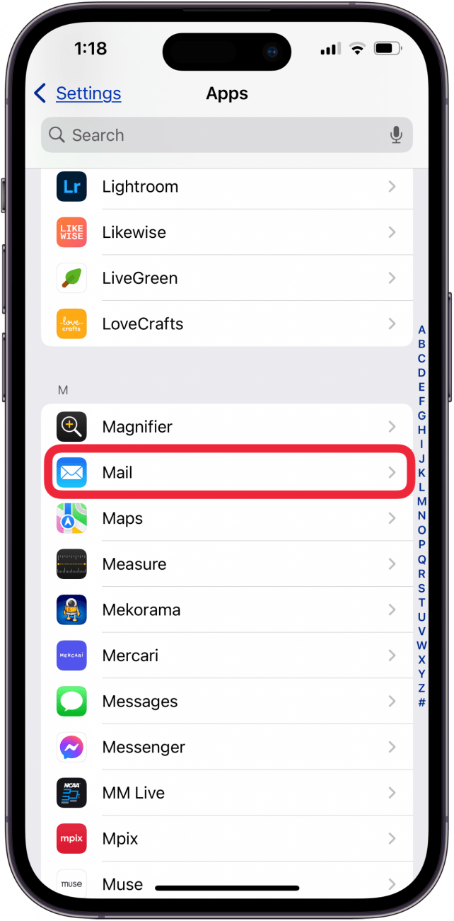 tap mail in iphone apps