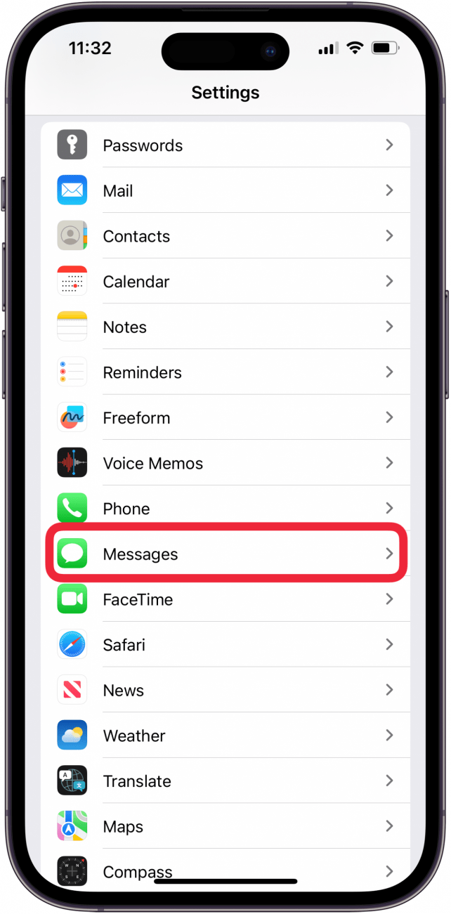 tap messages in iphone settings