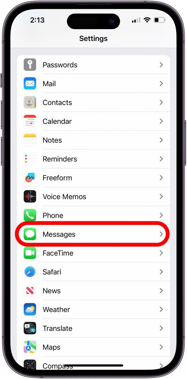 tap messages in settings app