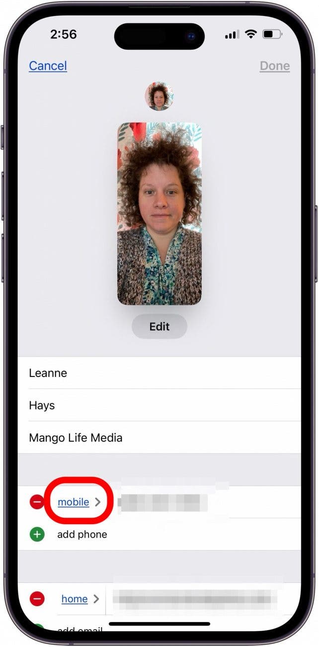 tap mobile in contacts app