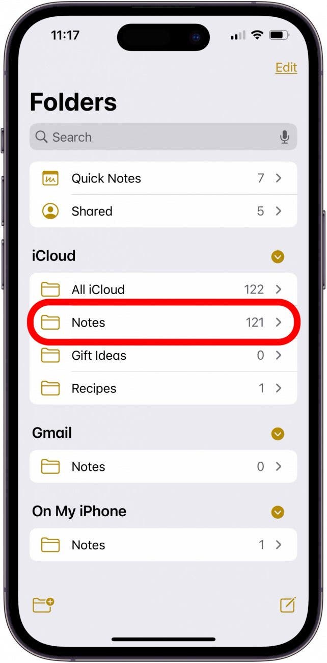 tap notes under icloud