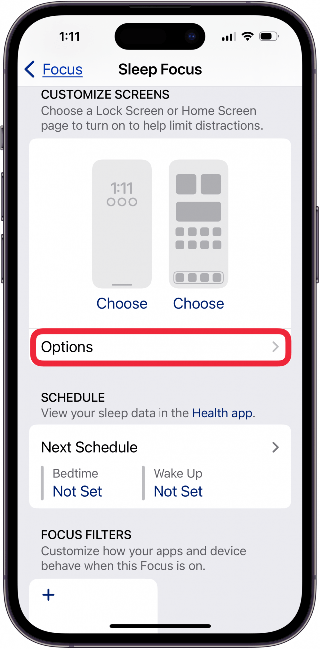 tap options in sleep focus