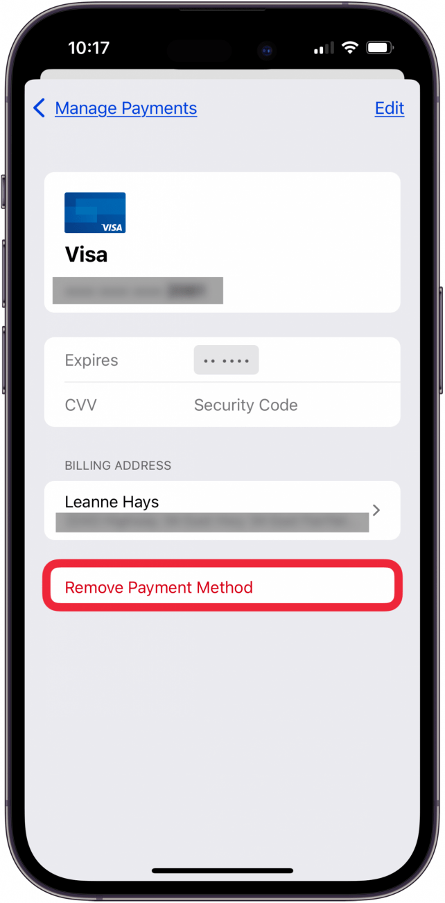 tap remove payment method