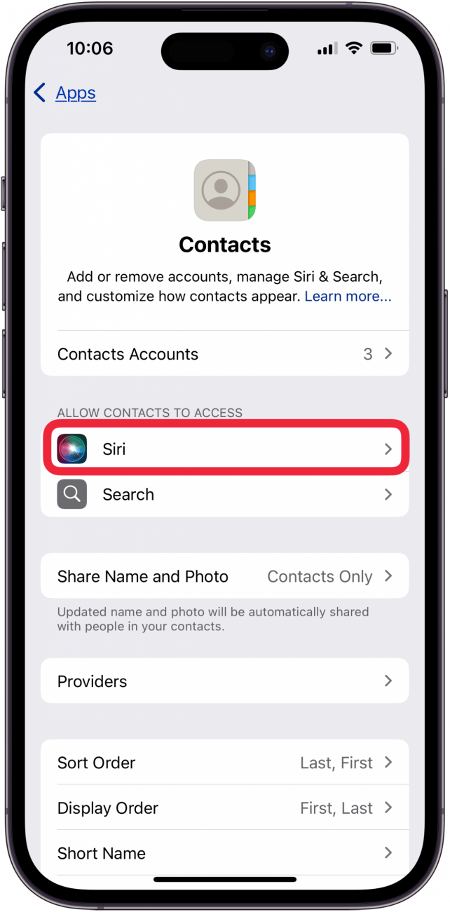 tap siri in contacts settings