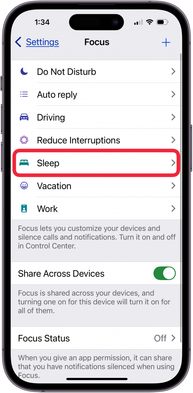 tap sleep in focus modes