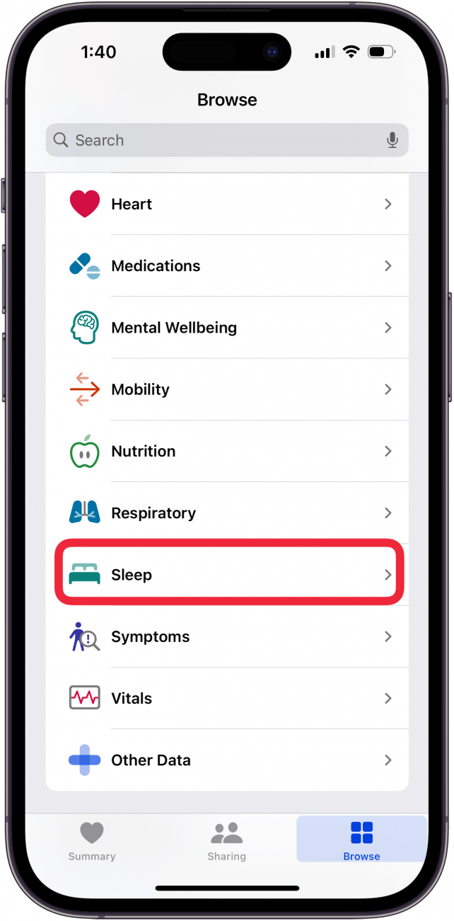 tap sleep in health app