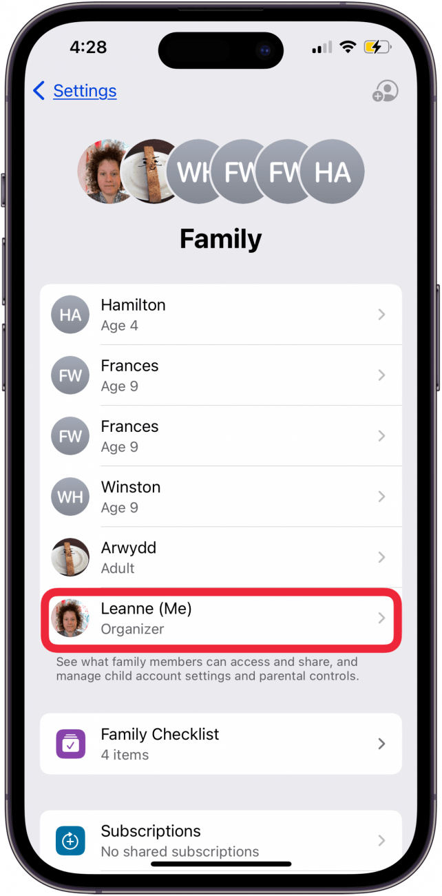 tap your name under family
