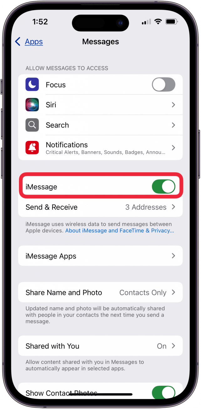 toggle imessage back on