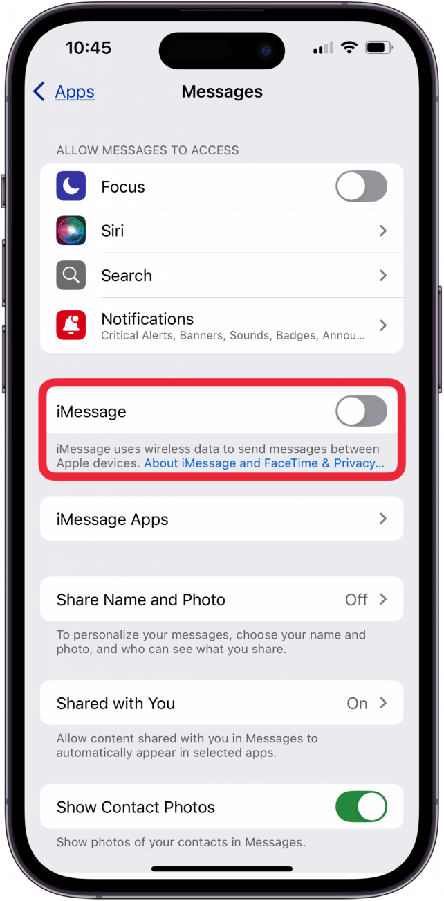 toggle imessage off