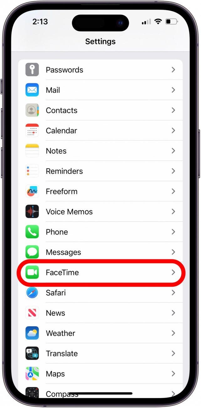 tap facetime in settings