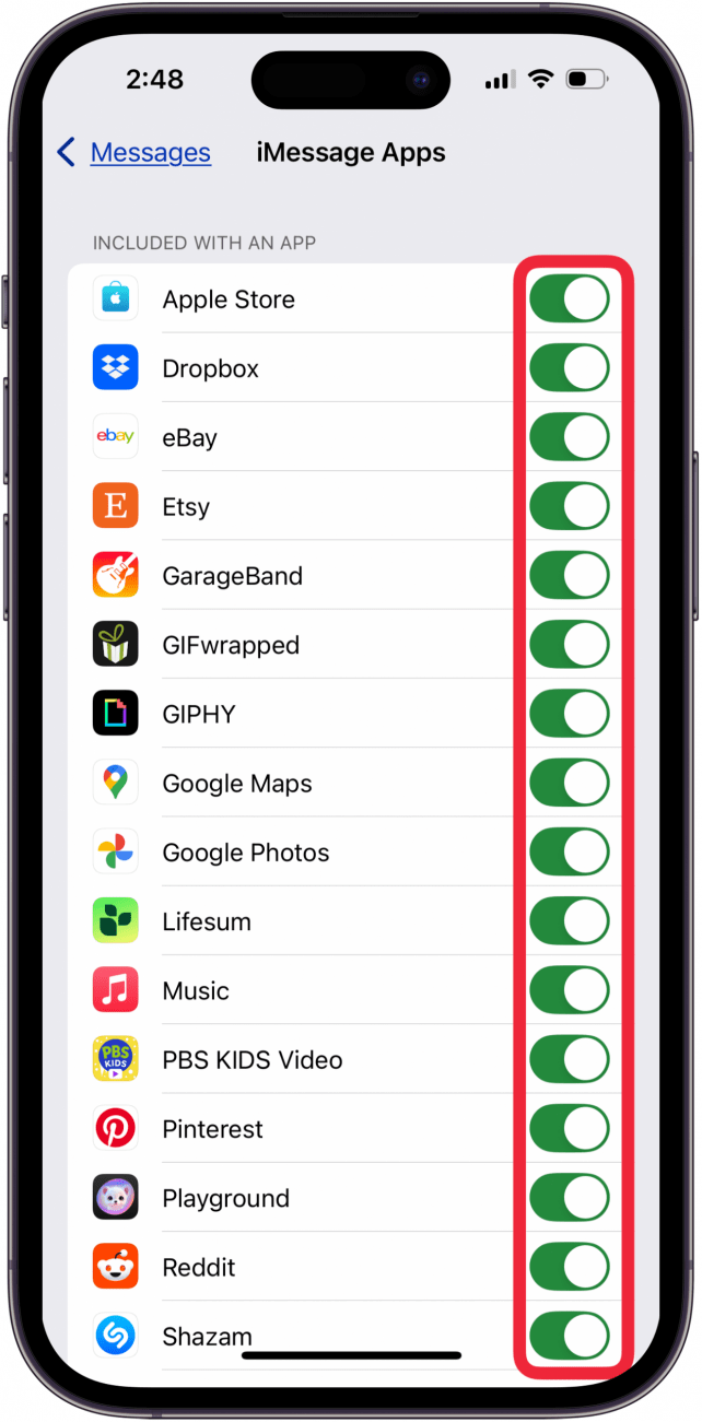 toggle off imessage apps