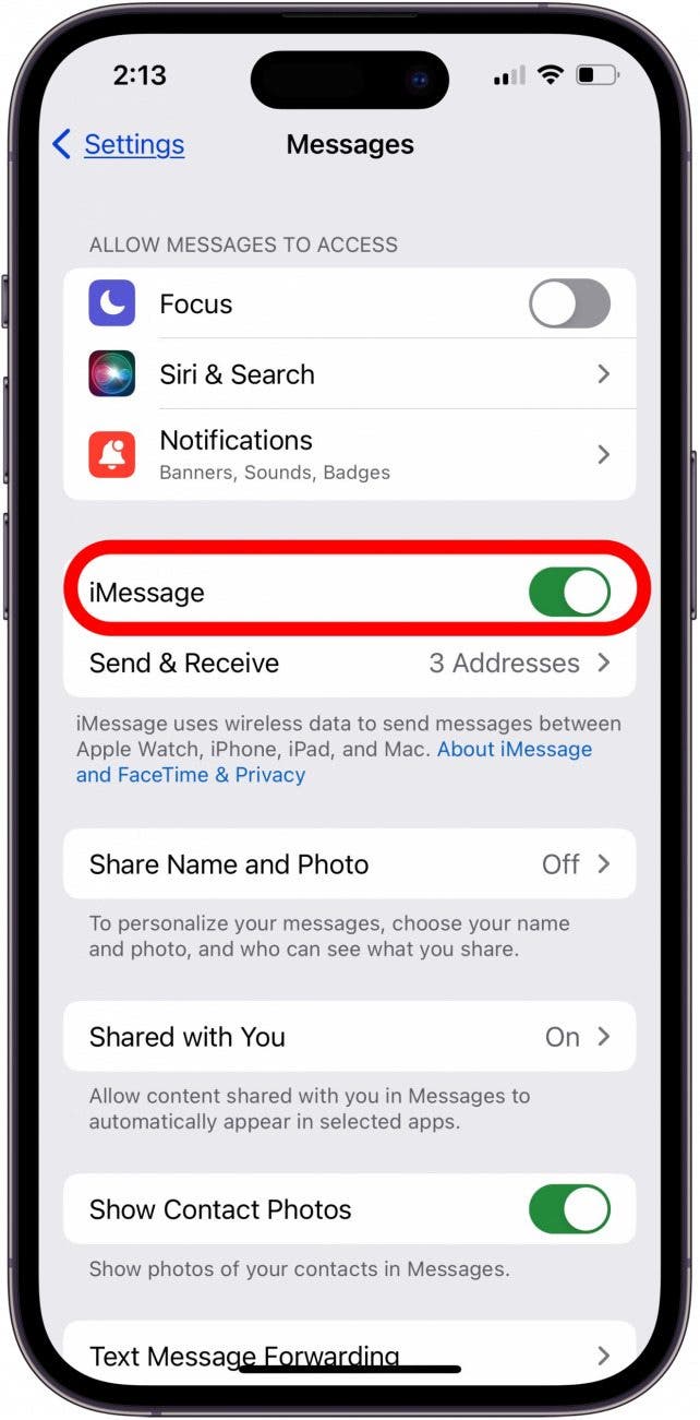 toggle off imessage in settings