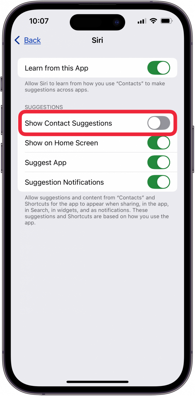 toggle off show contact suggestions