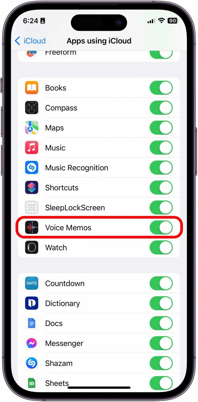 Scroll down until you find Voice Memos and make sure it is toggled on. Now any Voice Memos recorded on your iPhone will be synced to your iCloud.