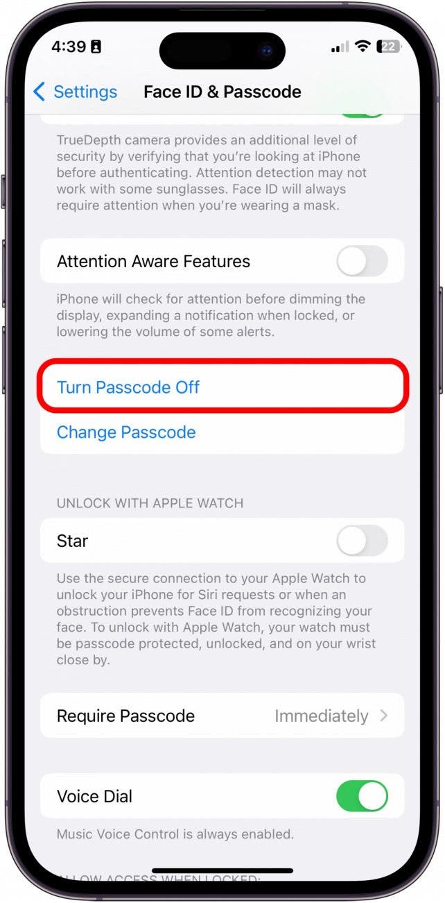 Next, tap Turn Passcode Off.
