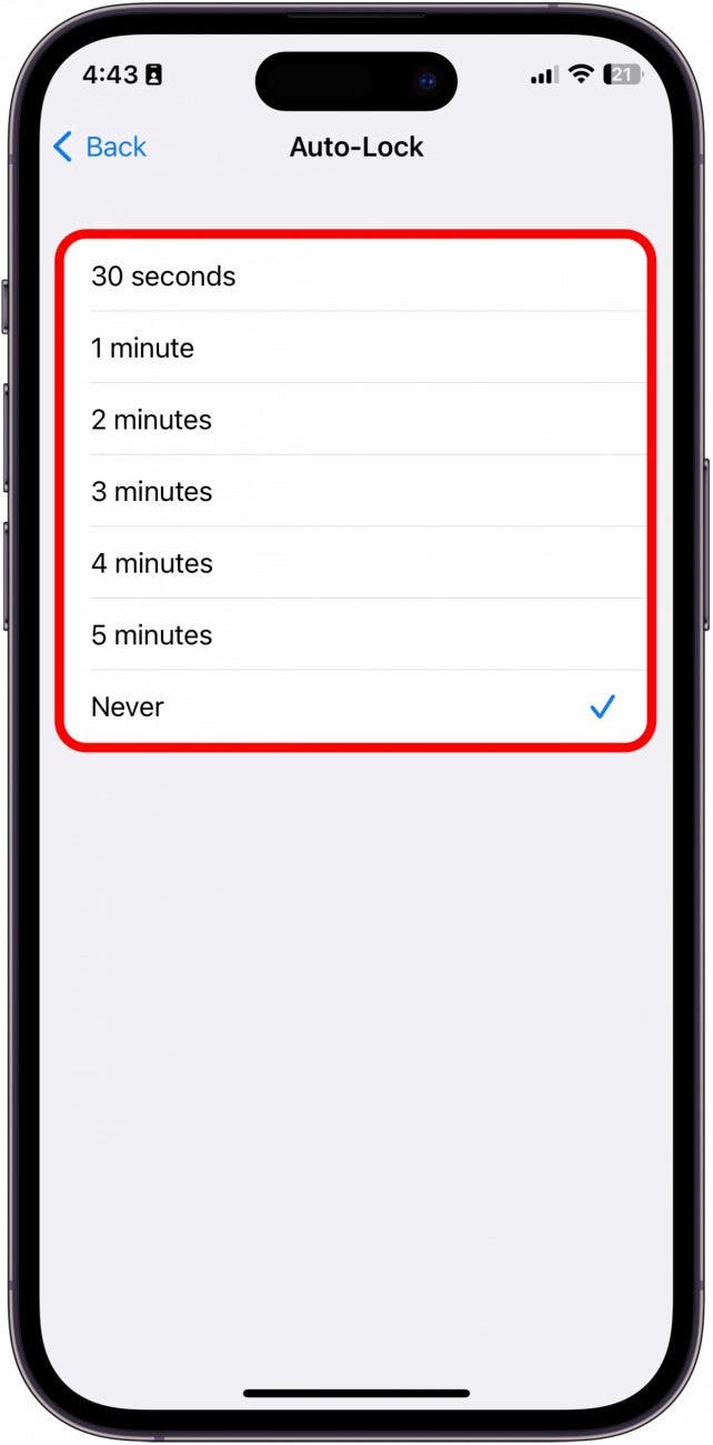 Select your Auto-Lock time preference.