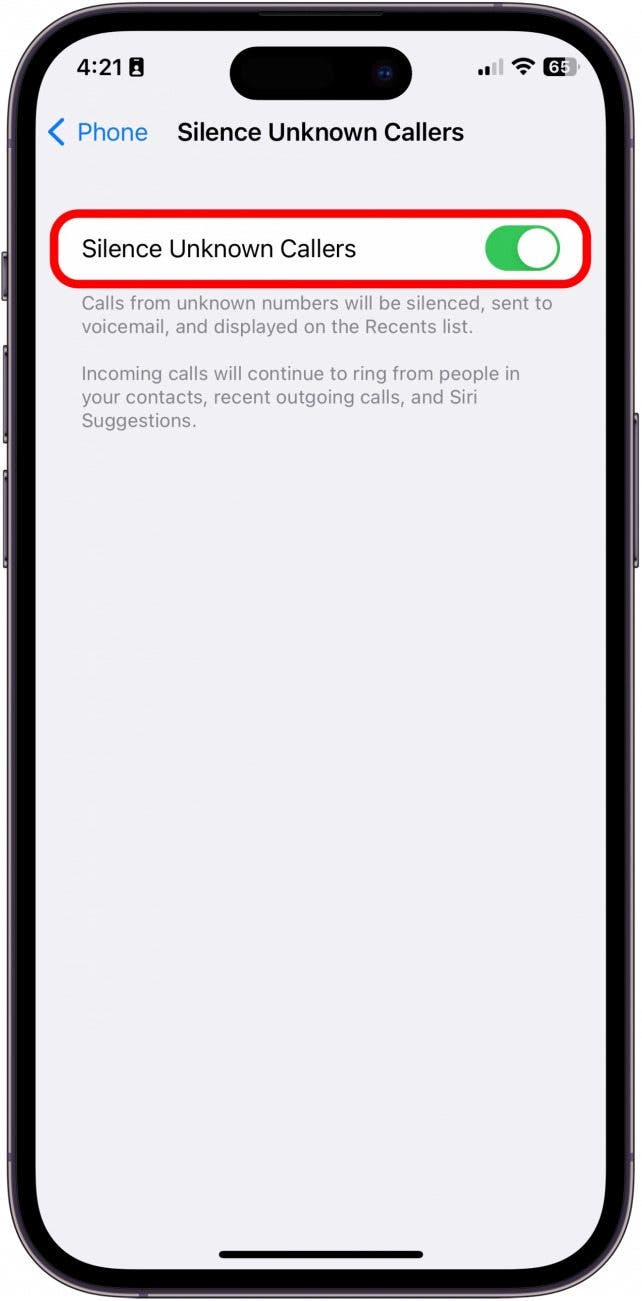 Toggle Silence Unknown Callers to off. It will be gray when disabled.