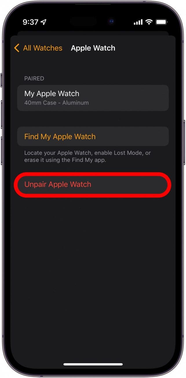 Tap Unpair Apple Watch.