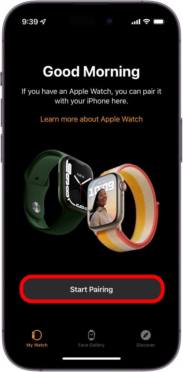 On the Watch app start screen, tap Start Pairing.