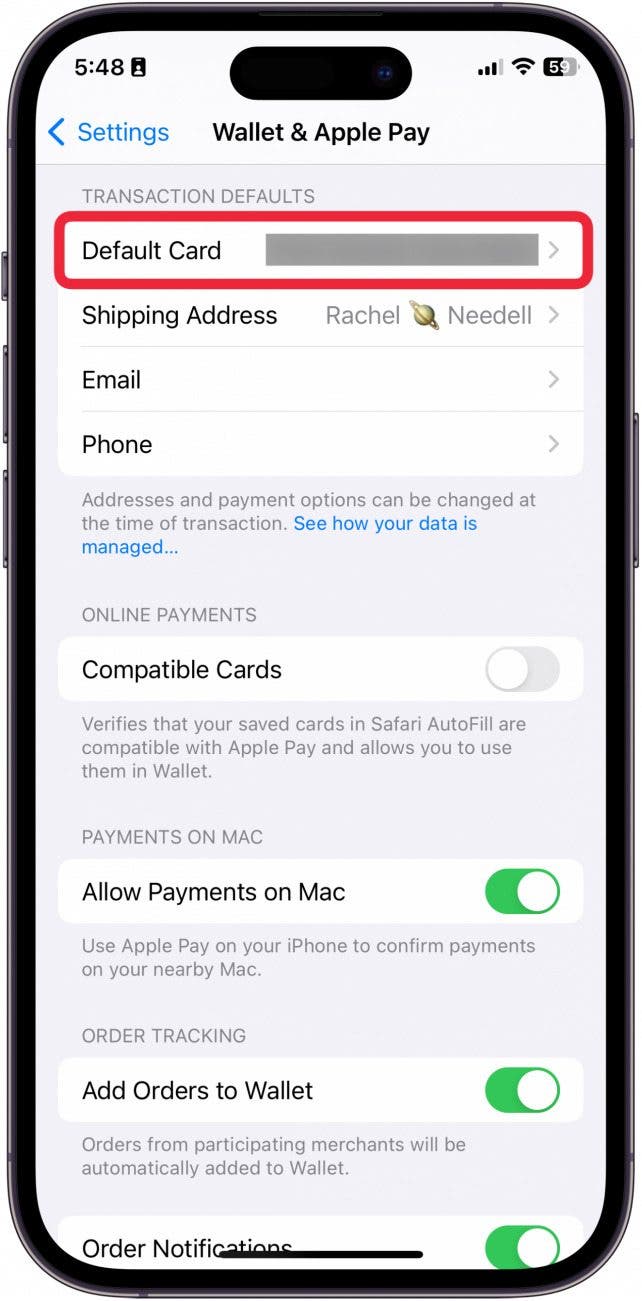 how to set default apple pay card