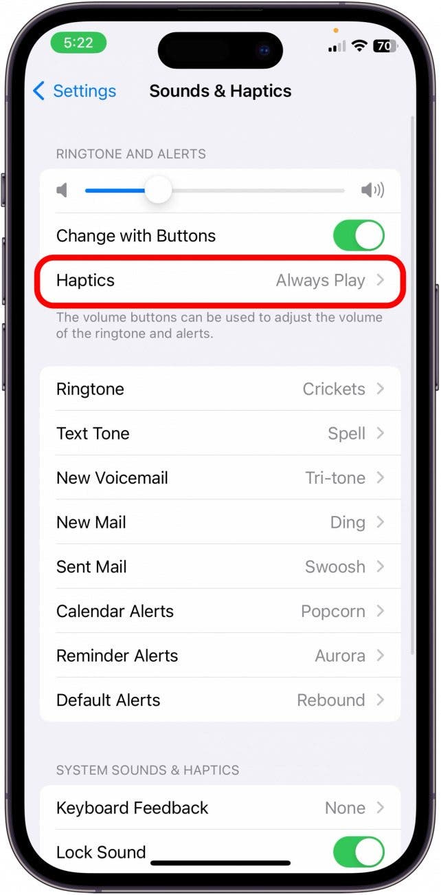 tap haptics in iphone sound and haptics settings