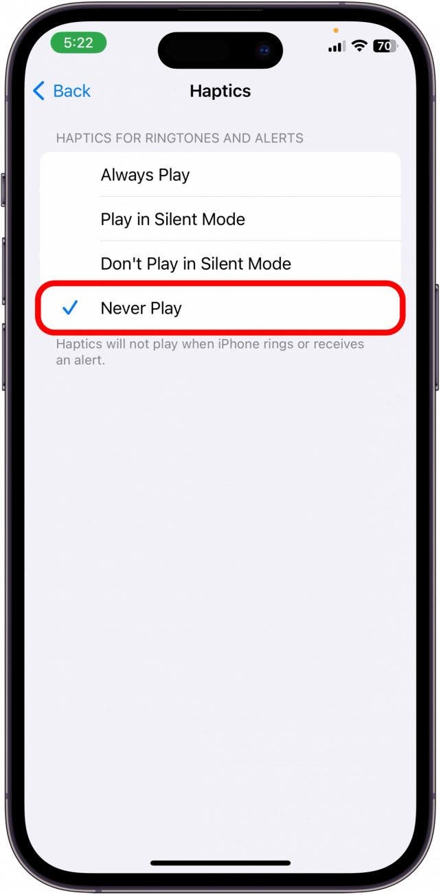 tap never play to turn iphone off vibrate