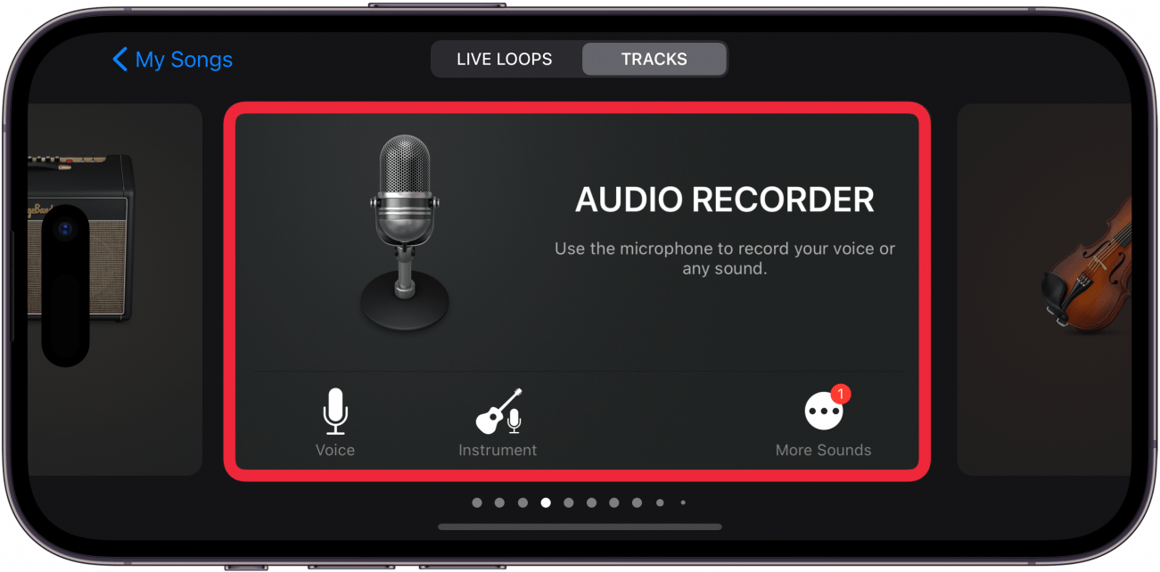 iphone garageband app with a red box around audio recorder instrument