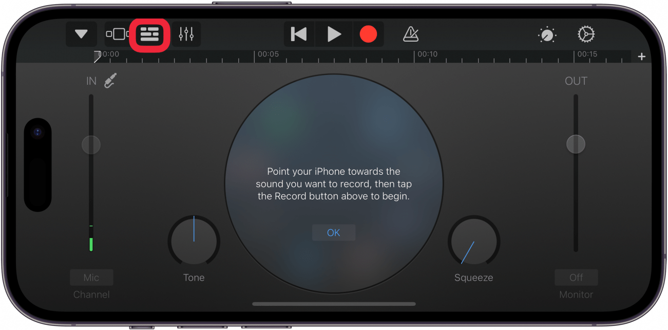 iphone garageband app displaying song project with a red box around tracks view button