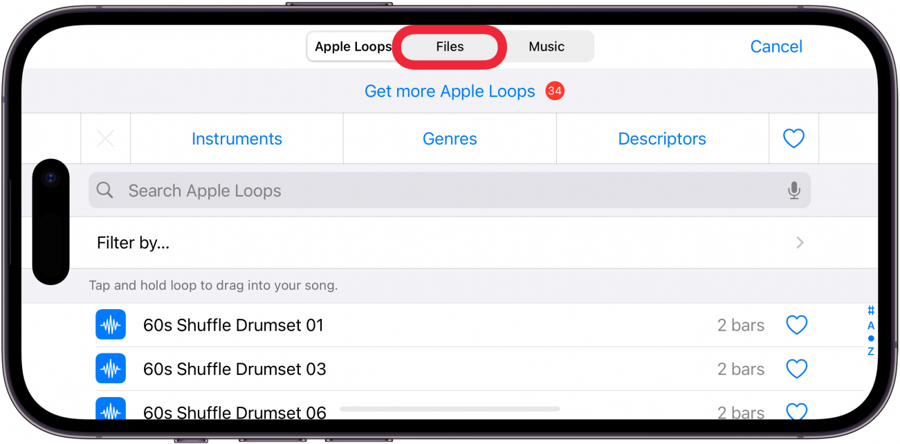 iphone garageband app displaying loops window with a red box around files tab