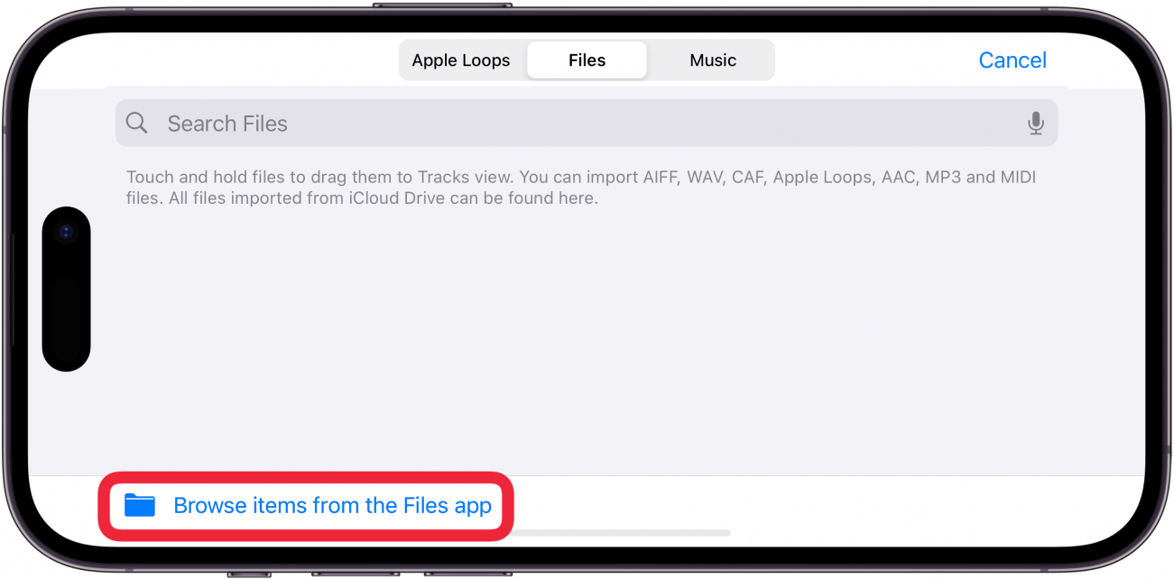 iphone garageband app displaying loops window with a red box around Browse items from the Files app button