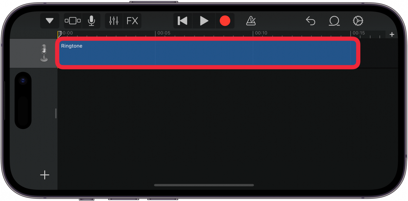 iphone garageband displaying tracks view with a red box around voice memo track