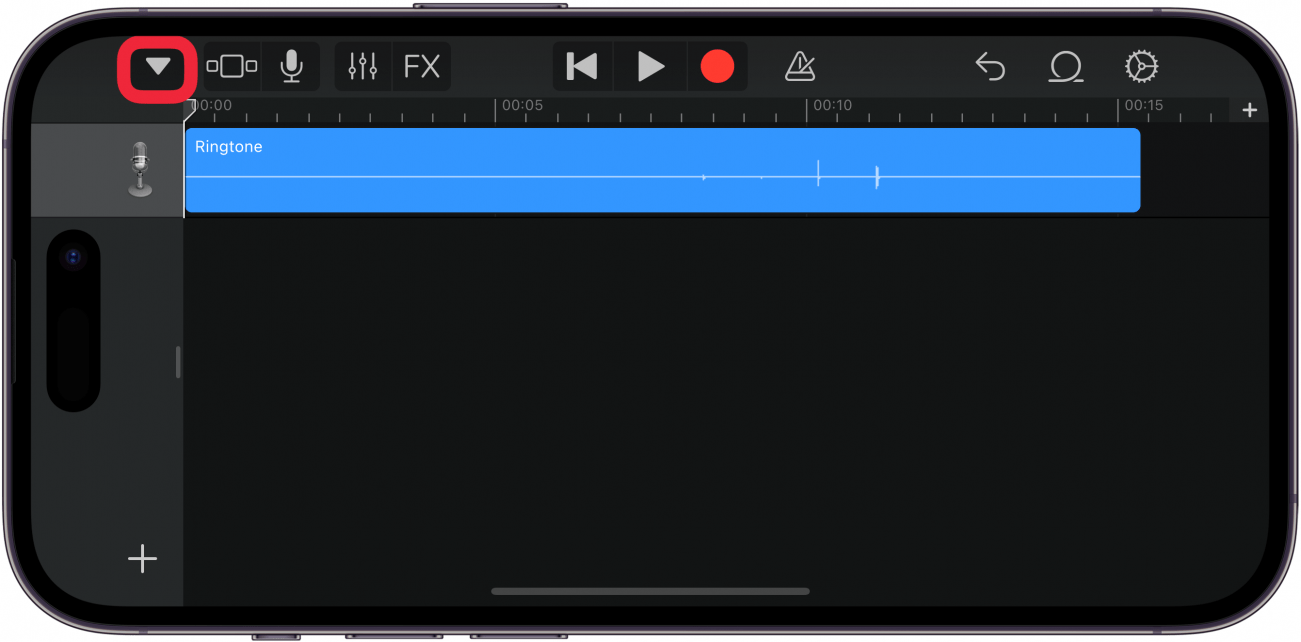 iphone garageband displaying tracks view with a red box around navigation button