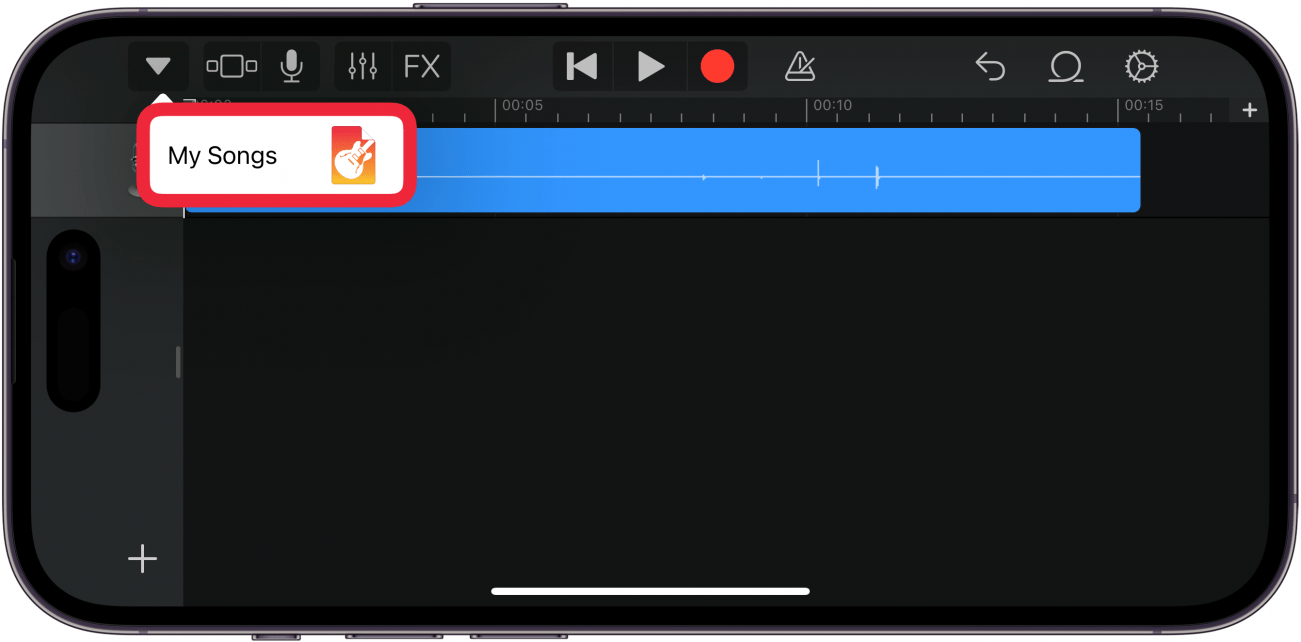 iphone garageband displaying tracks view with a red box around my songs button