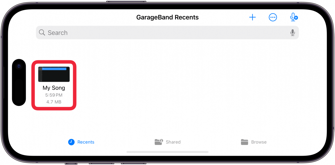 iphone garageband displaying my songs window with a red box around the current project