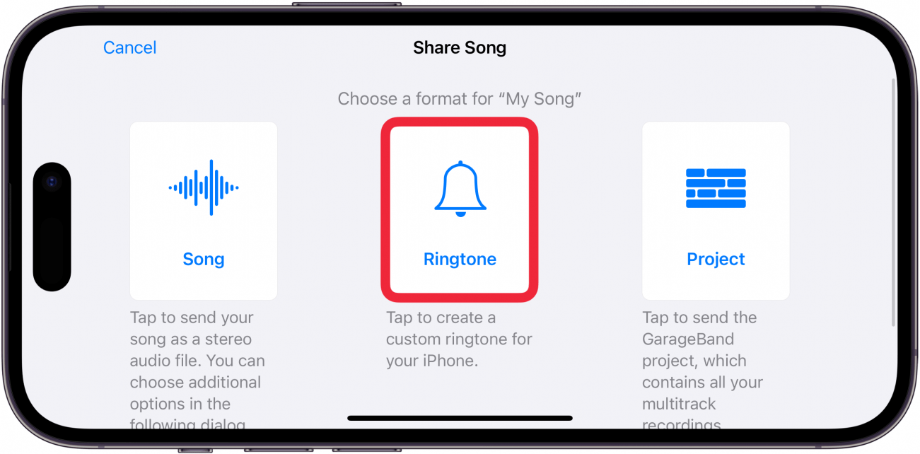 iphone garageband displaying share window, with a red box around ringtone option