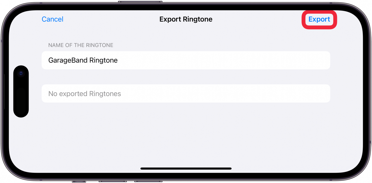 iphone garageband displaying export project window with a red box around export button