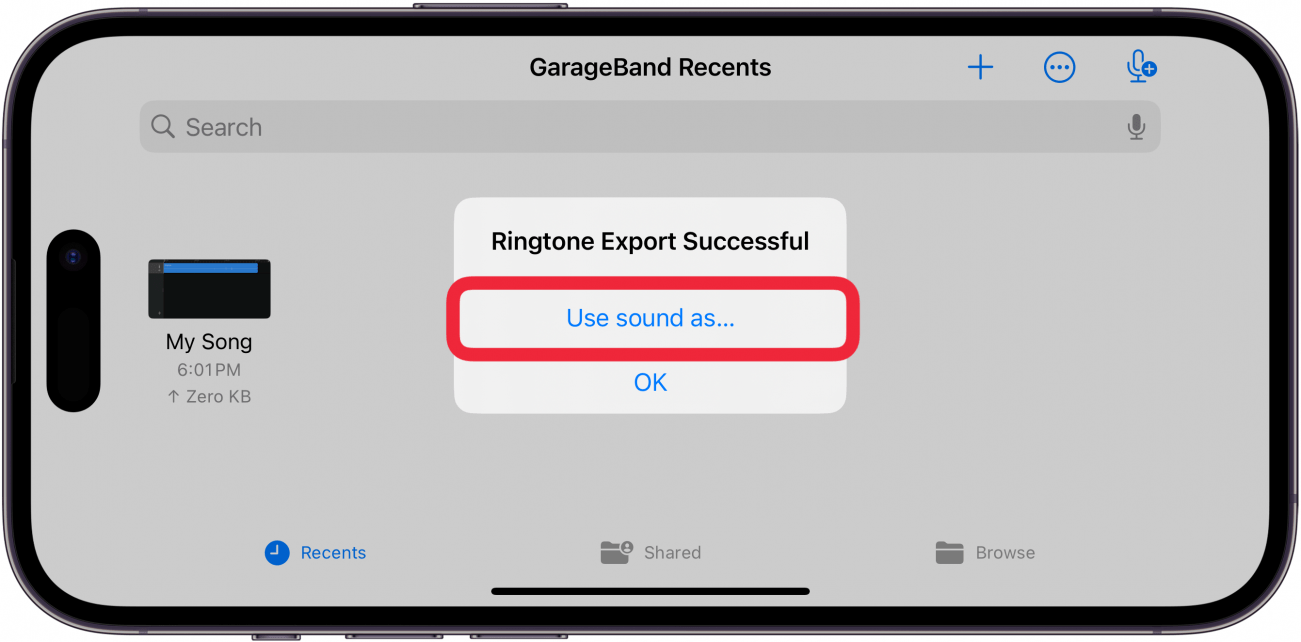 iphone garageband my songs window displaying ringtone export successful window with a red box around use sound as button