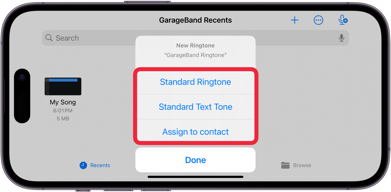 iphone garageband my songs window displaying ringtone export successful window with a red box around the options Standard Ringtone, Standard Text Tone, or Assign to contact