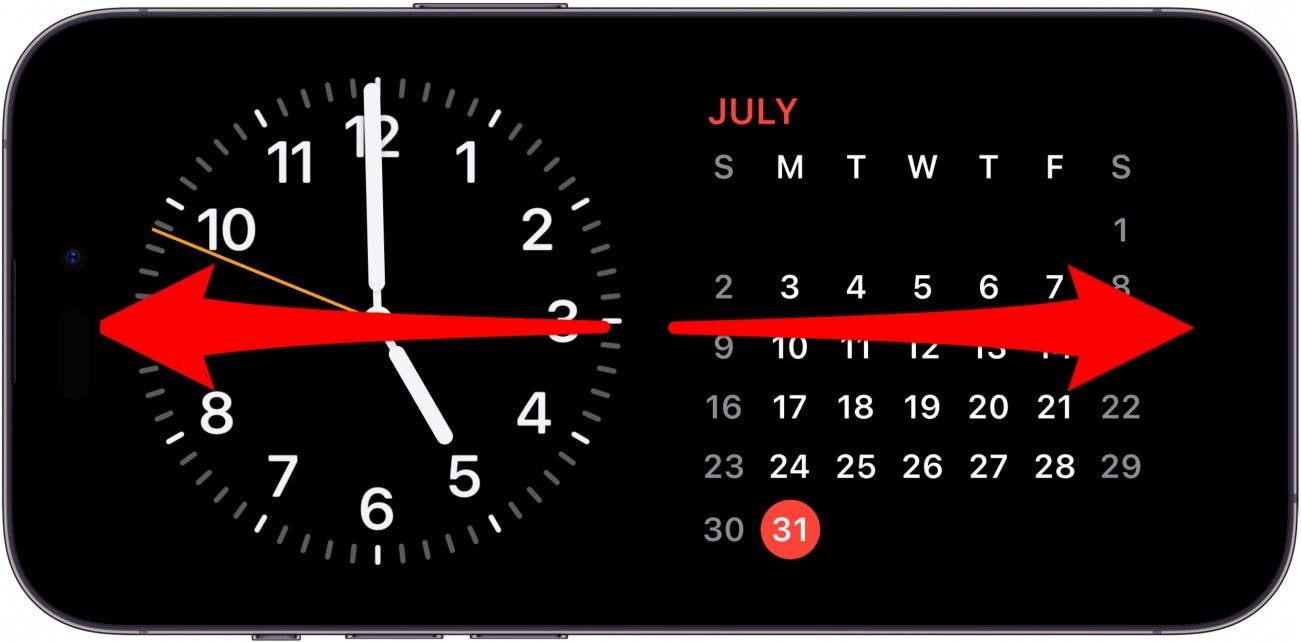 iphone standby screen with clock and calendar widgets, and red arrows pointing left and right, indicating left and right swipes