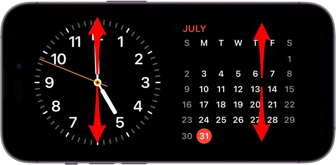 iphone standby screen with clock and calendar widgets, with red up and down arrows on both widgets indicating to swipe up or down on the widgets