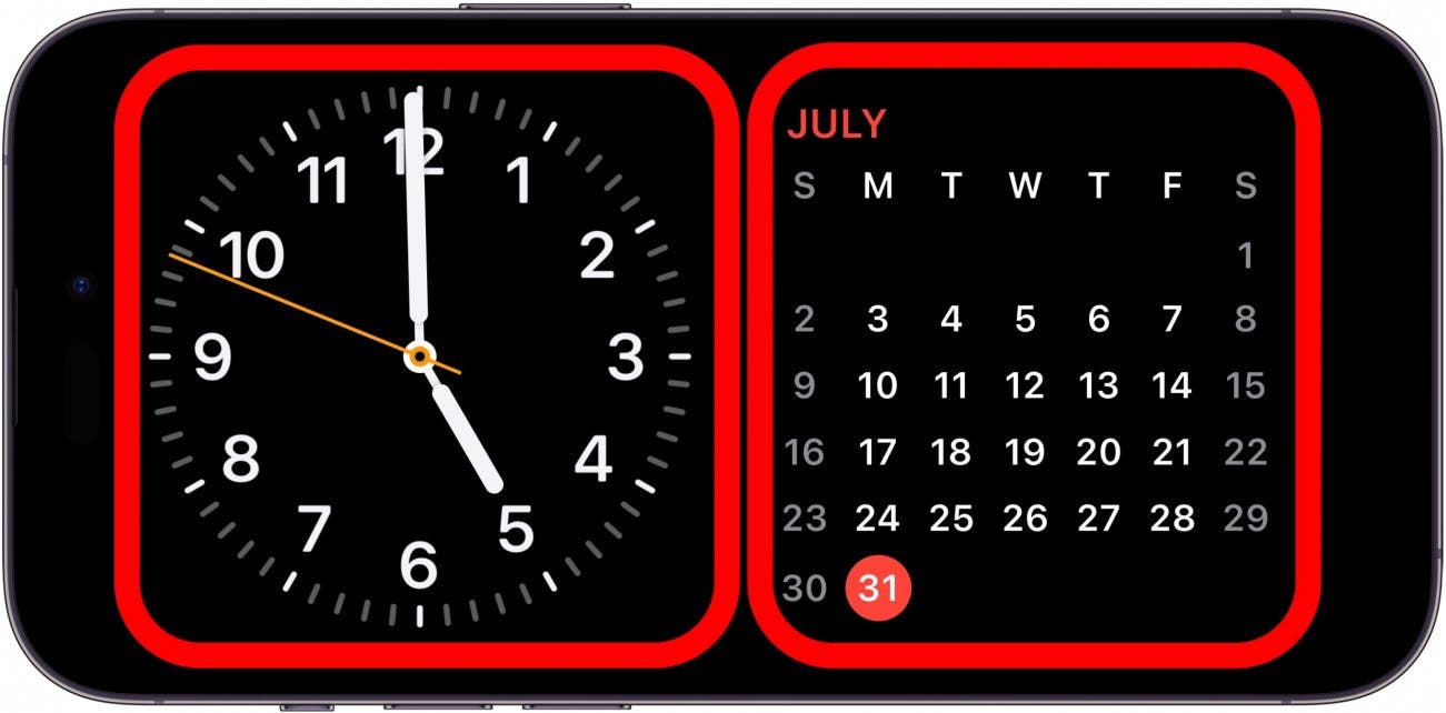 iphone standby screen with clock and calendar widgets and a red box around each of them, indicating to tap and hold on one or the other